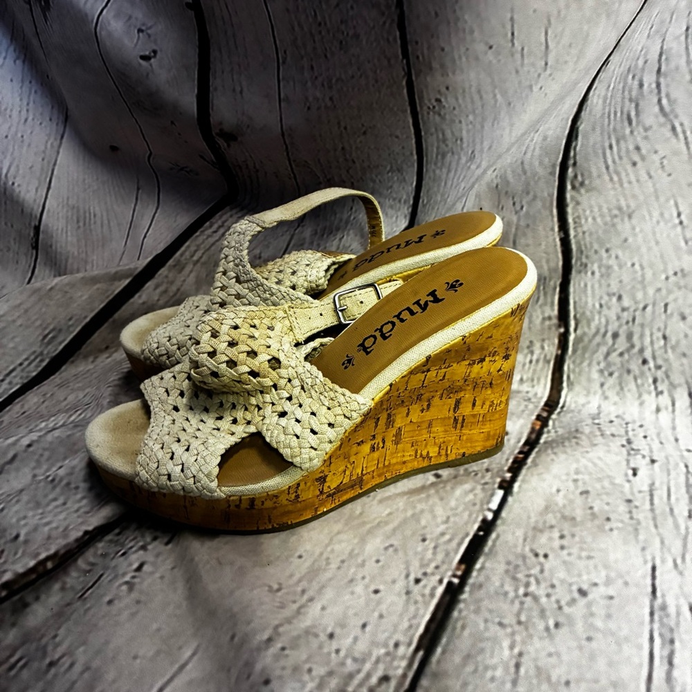 Mudd Women’s Cream Woven Stretch Boho‎ Beach Resort Cork 4” Wedges Sz 7.5 AS IS